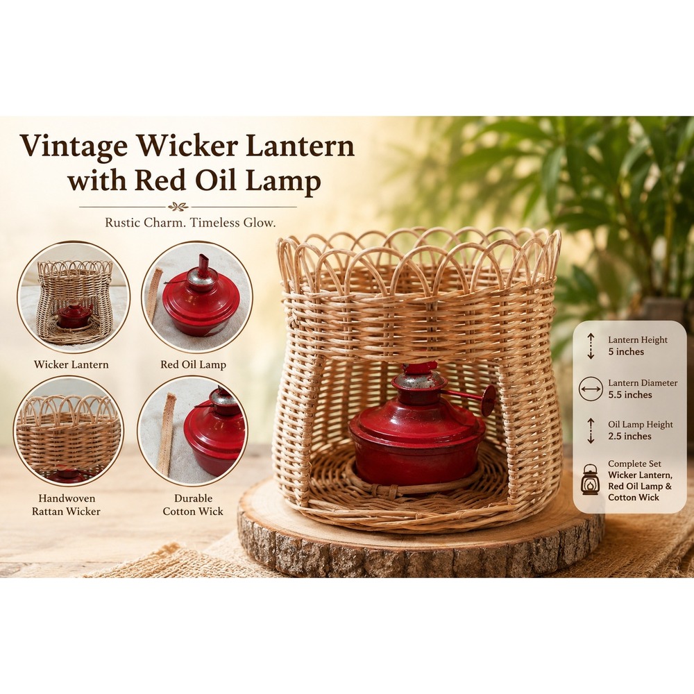 VTG Wicker Basket Oil Lamp Red Metal Miniature Lantern Rustic Farmhouse Decor